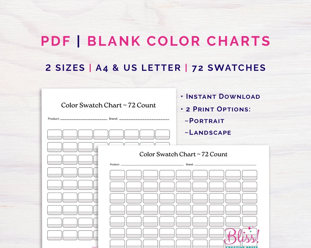 Blank Color Swatch Chart 72 Colors Portrait Landscape A4 