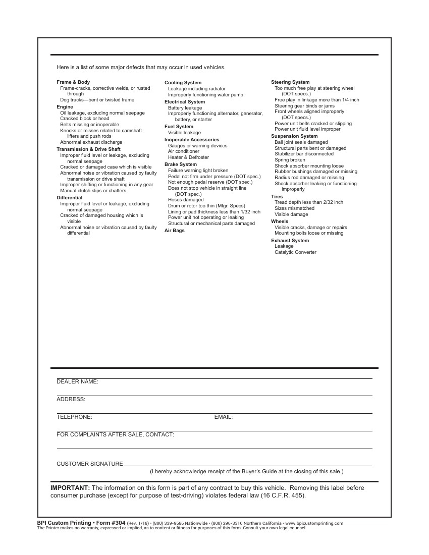 Blank Front Monroney Buyers Guide BPI Custom Printing
