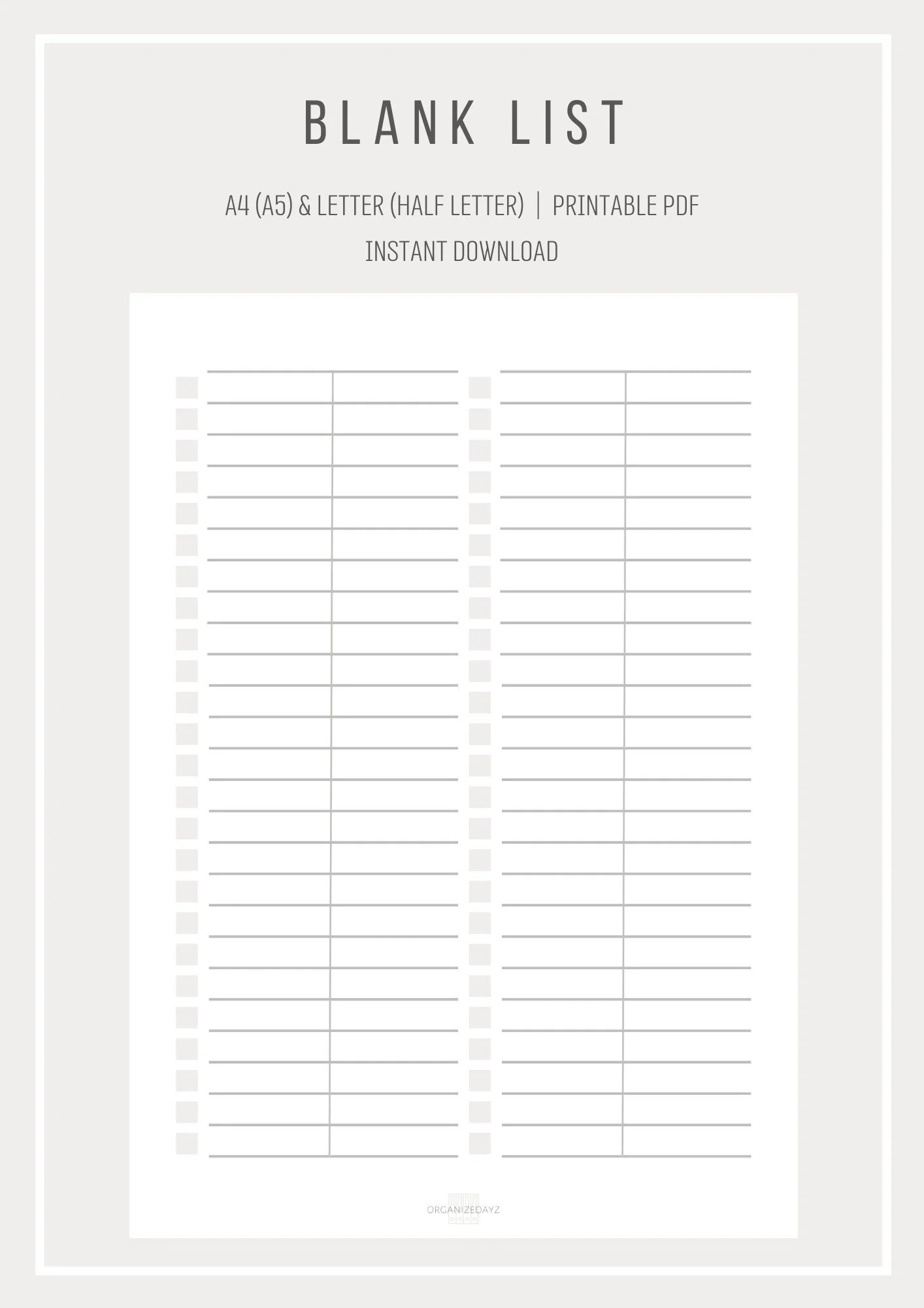 Blank List Simple List Template Printable List Digital List 