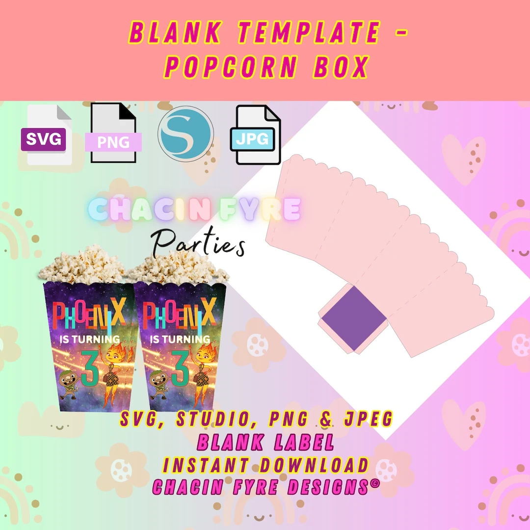 Blank Mini Popcorn Box Template SVG Silhouette Studio Instant Download Editable Popcorn Box PNG Instant Party Favor Template Etsy