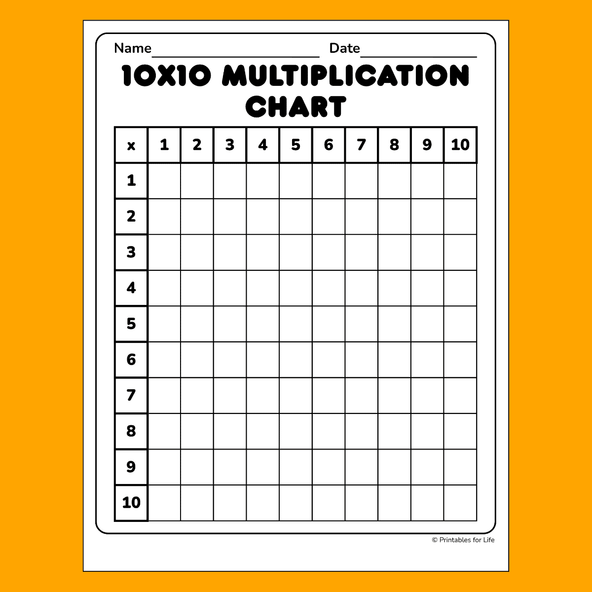 Blank Multiplication Chart 10x10 PDF Free Printable 