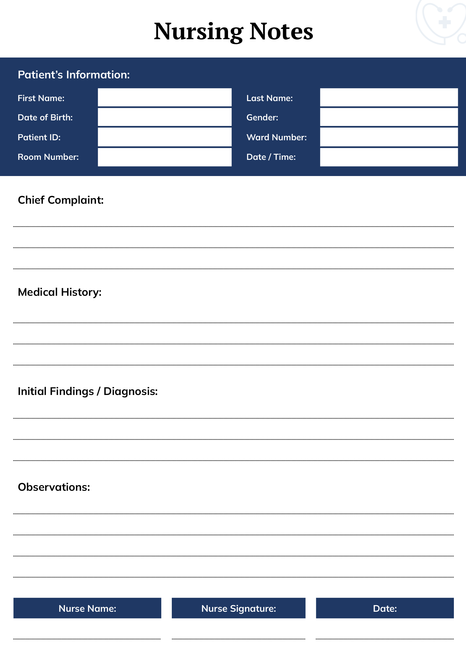 Blank Nursing Notes Template Google Docs Word Highfile