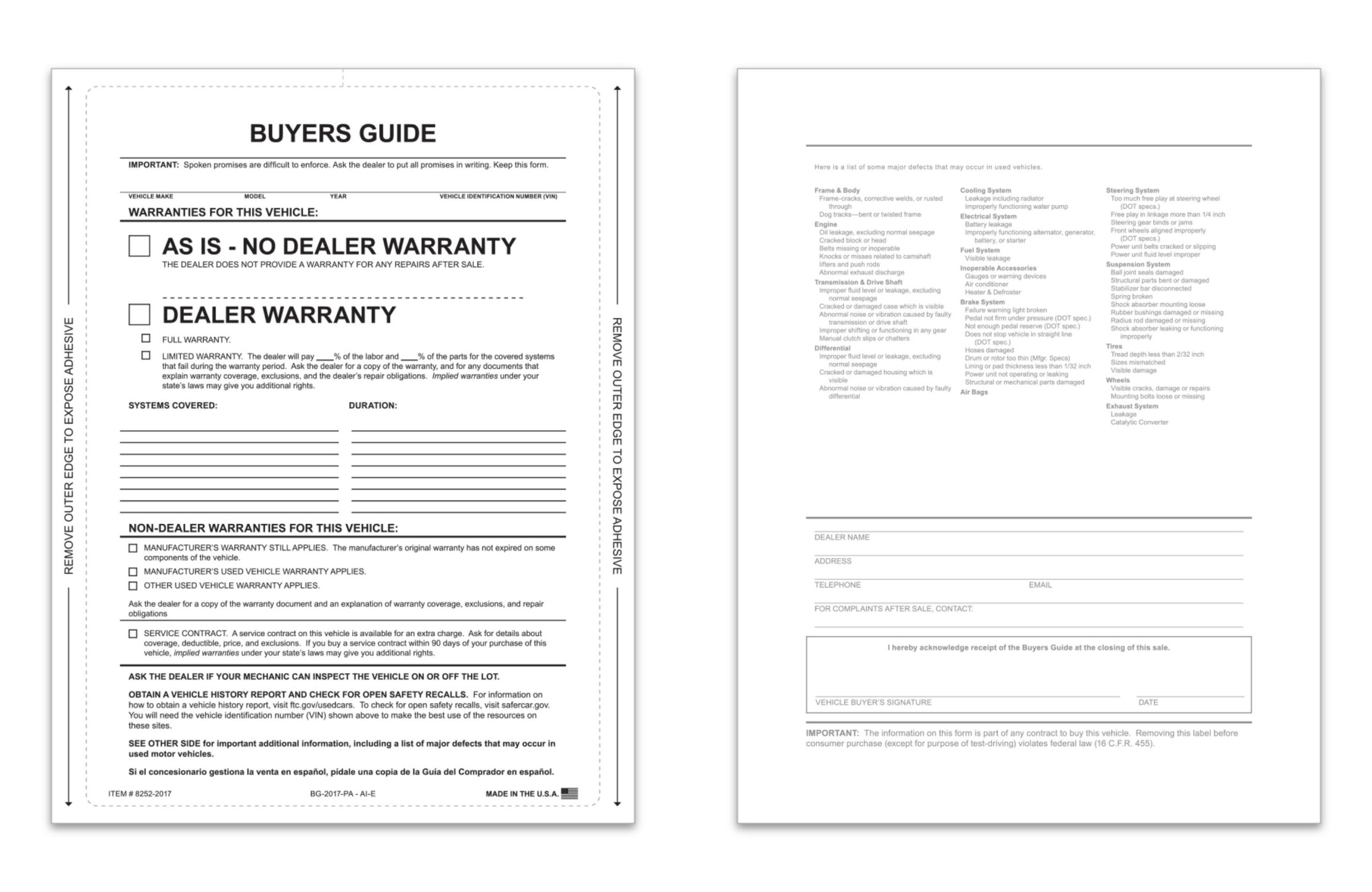 Blank Paper 1 Part Buyers Guide Blank Front BG Backer Form 82550 