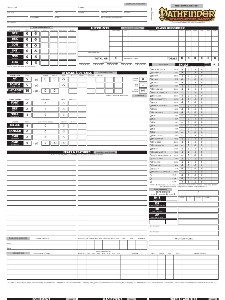 Blank Pathfinder RPG Character Sheet PDF Tabletop Games Gaming