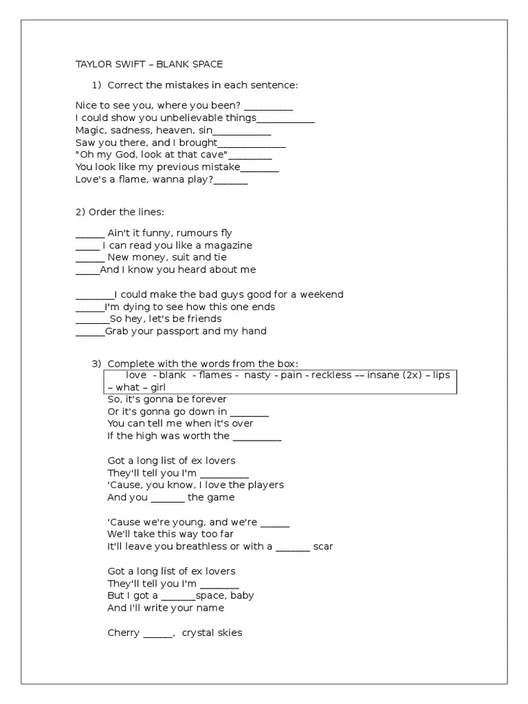 Blank Space Activity PDF Poetry