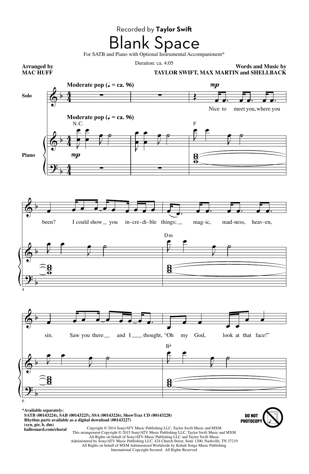Blank Space arr Mac Huff Sheet Music Transposable Sheet Music Download amp Print