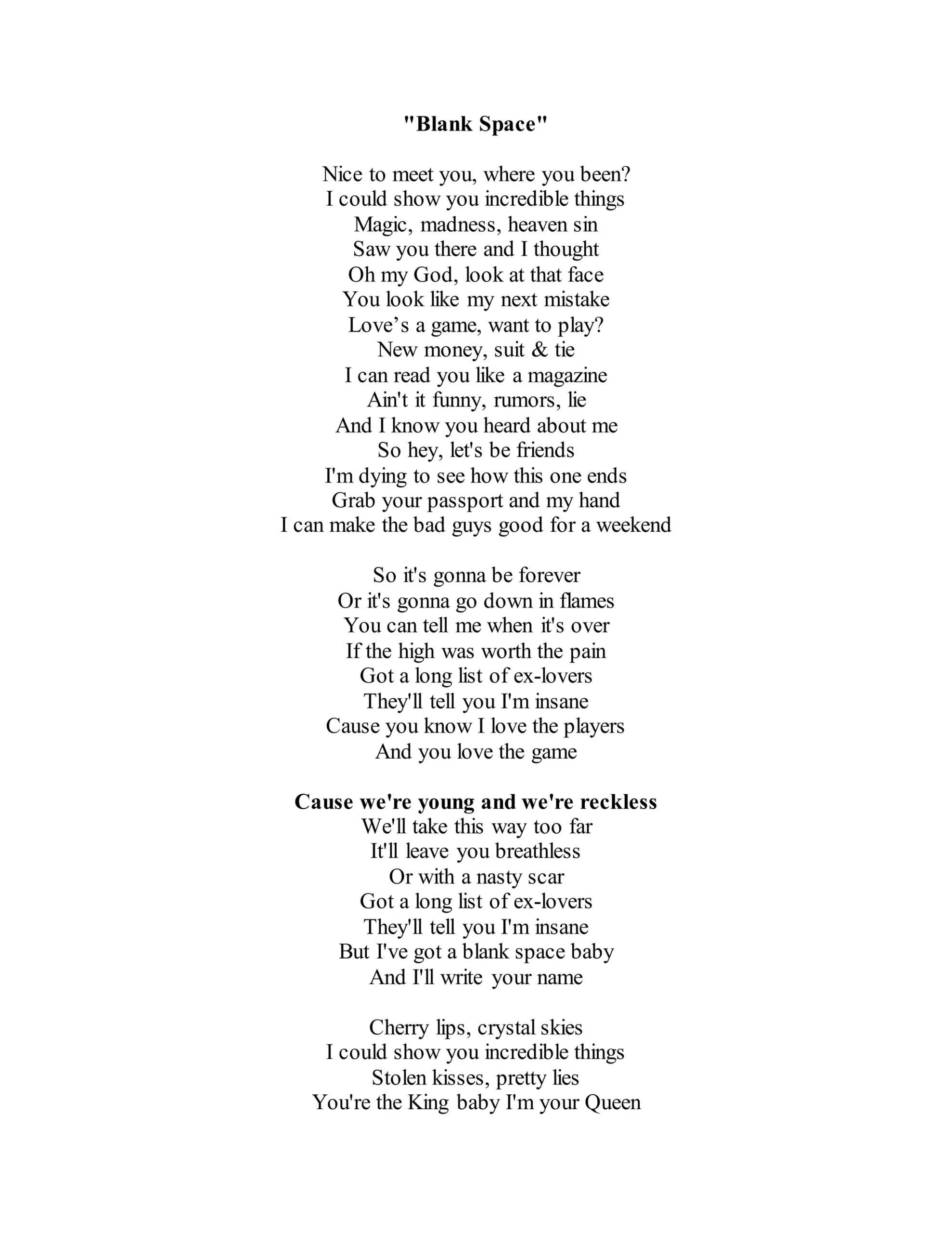 Blank Space Lyrics Printable