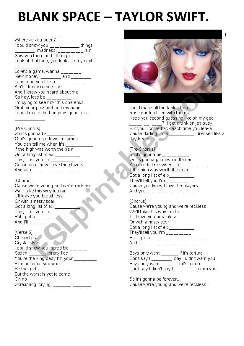 Blank Space Taylor Swift ESL Worksheet By Daiangeli
