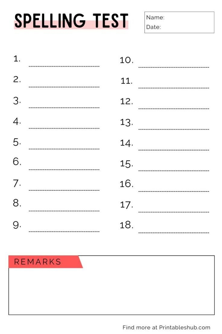 Blank Spelling Test Templates 18 Words PDF