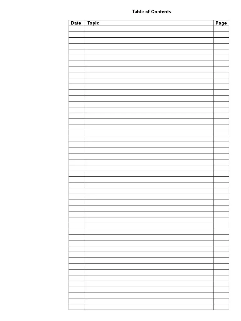 Printable Blank Table Of Contents