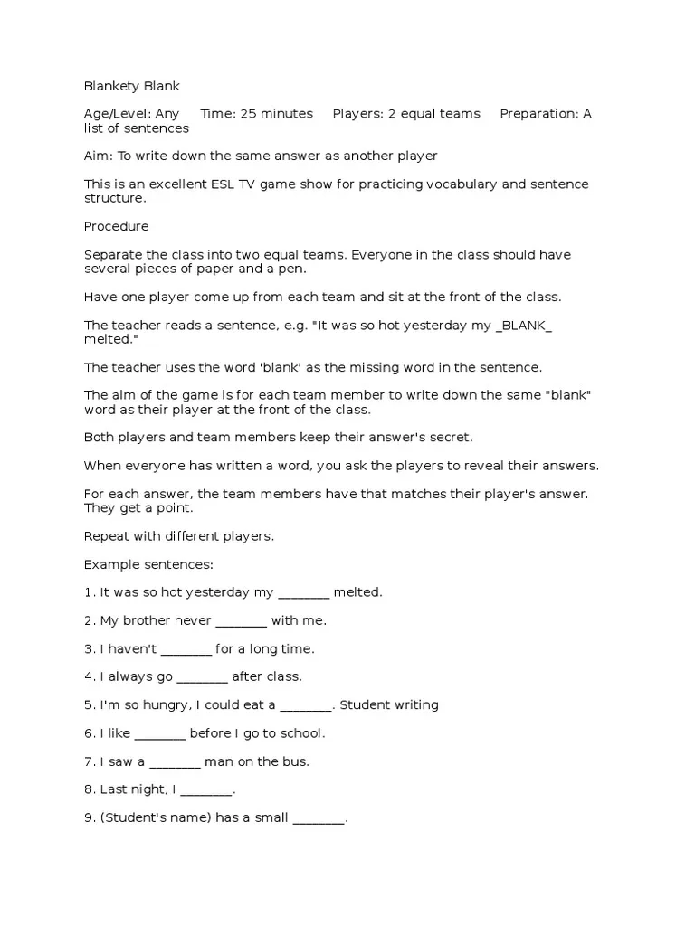 Blankety Blank PDF Leisure Languages
