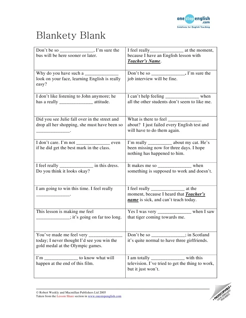 Blankety Blank Worksheet PDF Leisure