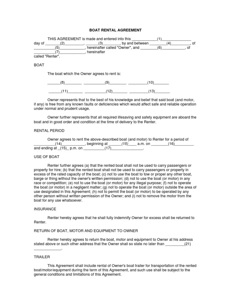 Boat Rental Agreement PDF Renting Civil Law Legal System 