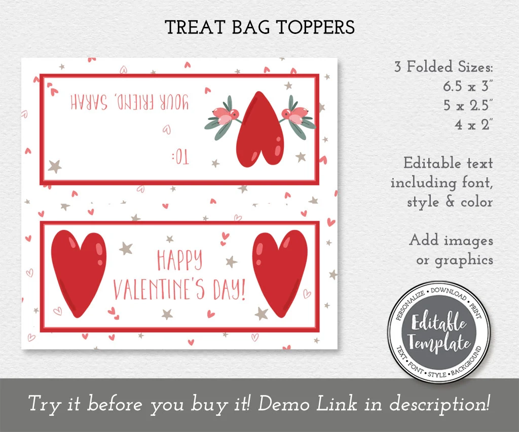 Boho Hearts Happy Valentine s Day Treat Bag Topper Template 