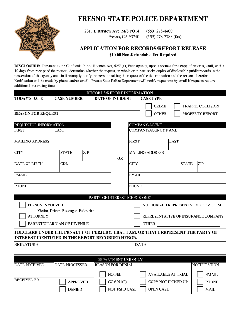 CA Application For RecordsReport Release City Form Fill Online 