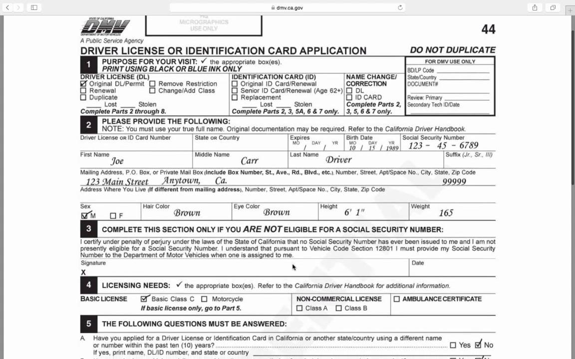 California Driver License Application DL44