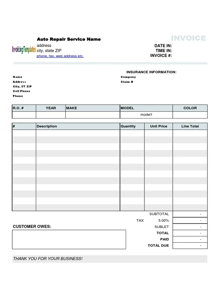 Car Repair Invoice Template PDF