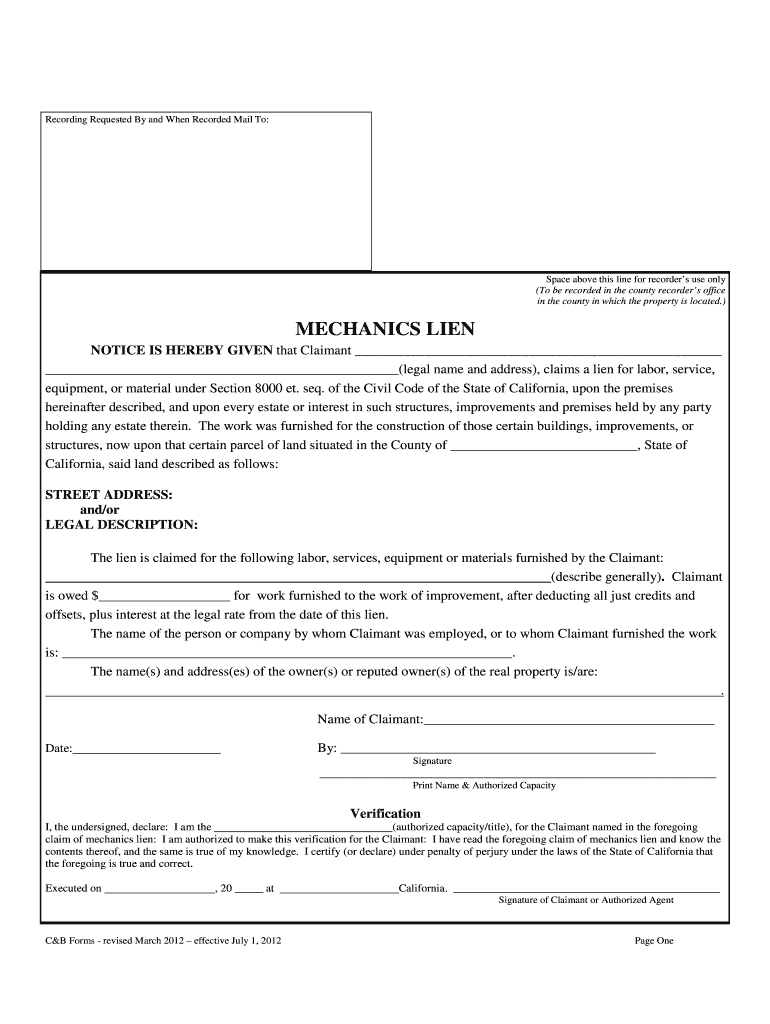 Printable Blank Mechanics Lien Form