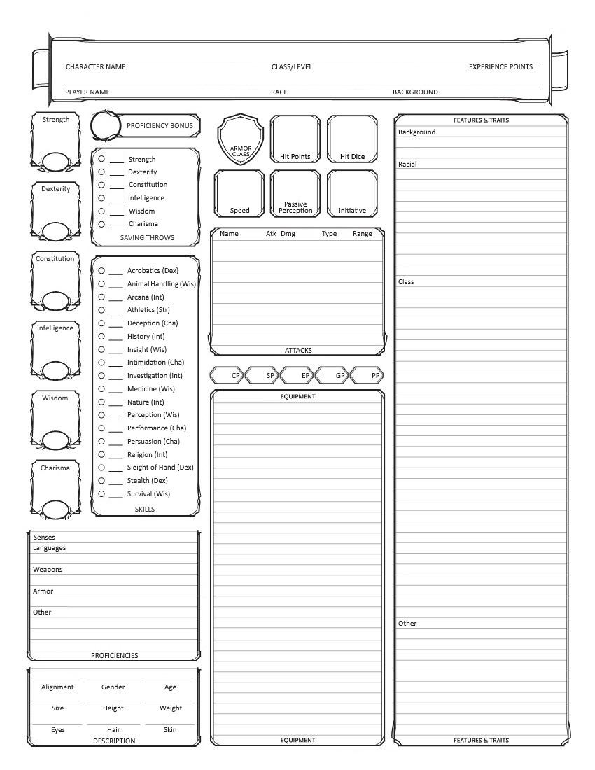 Character Sheet For Non magic Characters Lots Of Room For 