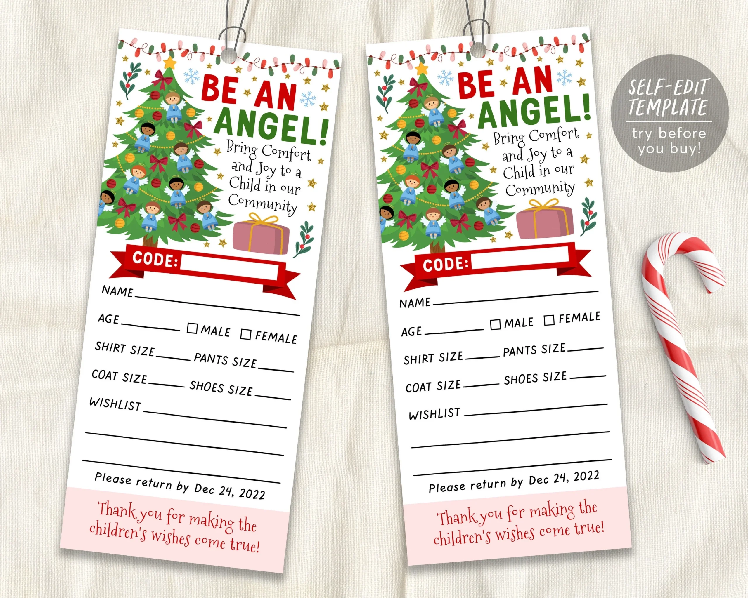 Christmas Giving Tree Gift Tag Editable Template Donation Slip With Angels Printable Charity Toy Drive Community Event Church School