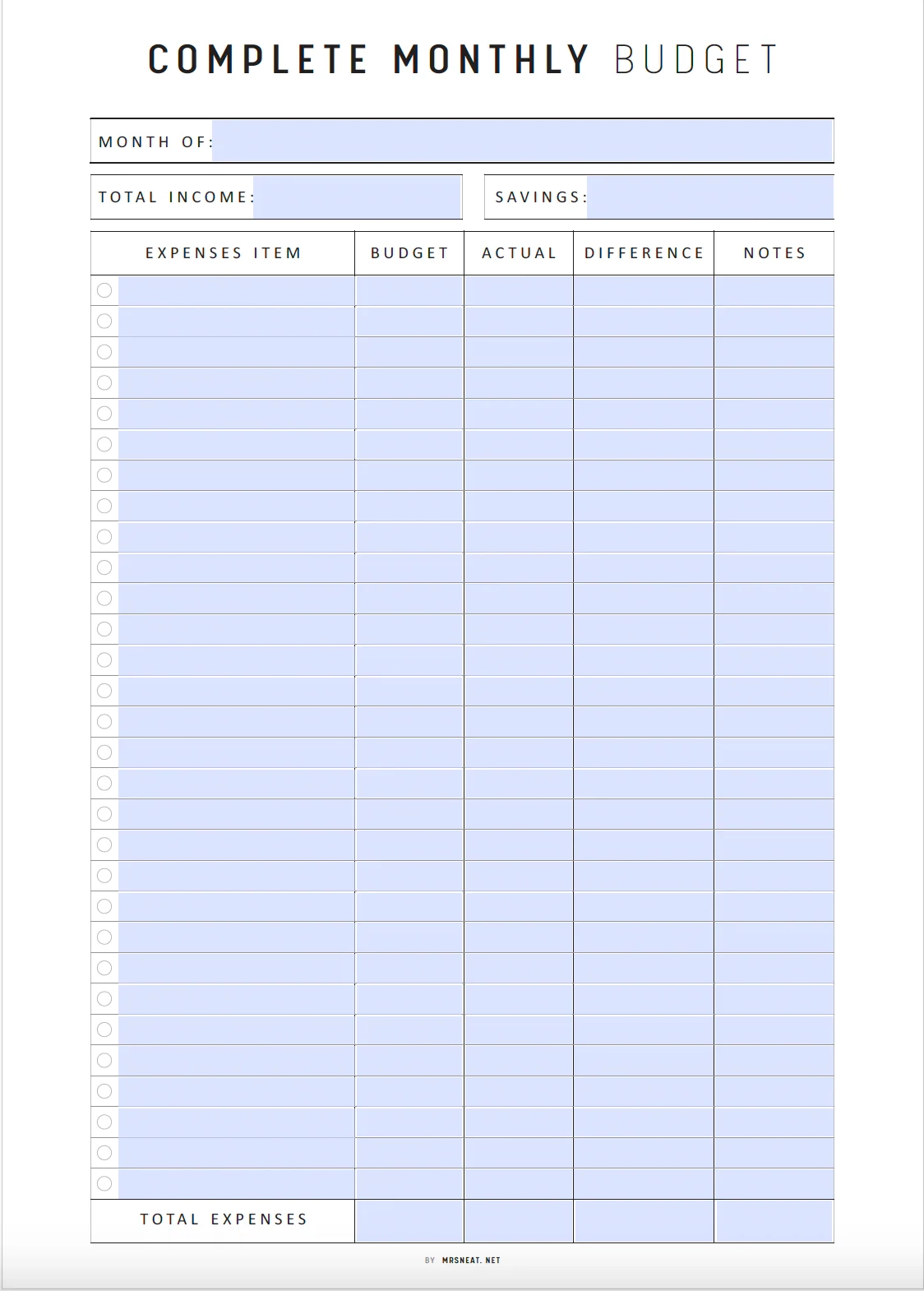 Complete Monthly Budget Template Printable M396 Mrsneat
