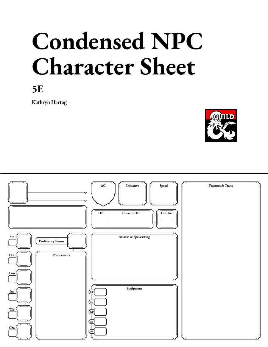 Condensed NPC Character Sheet 5E Dungeon Masters Guild 
