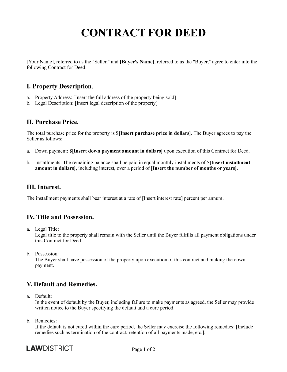 Contract For Deed Land Contract Template Lawdistrict