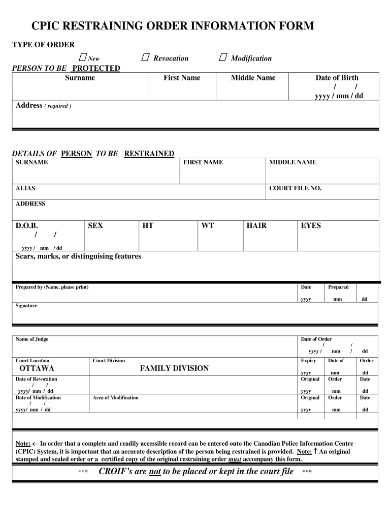 CPIC Restraining Order Information Form Fill Online Printable 