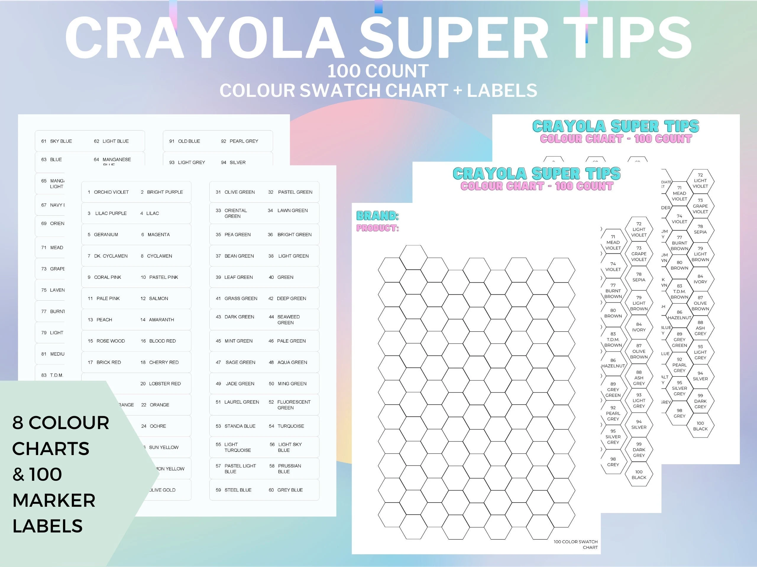 Crayola Color Chart 100 Color Swatch Chart 8 Set DIY Digital 