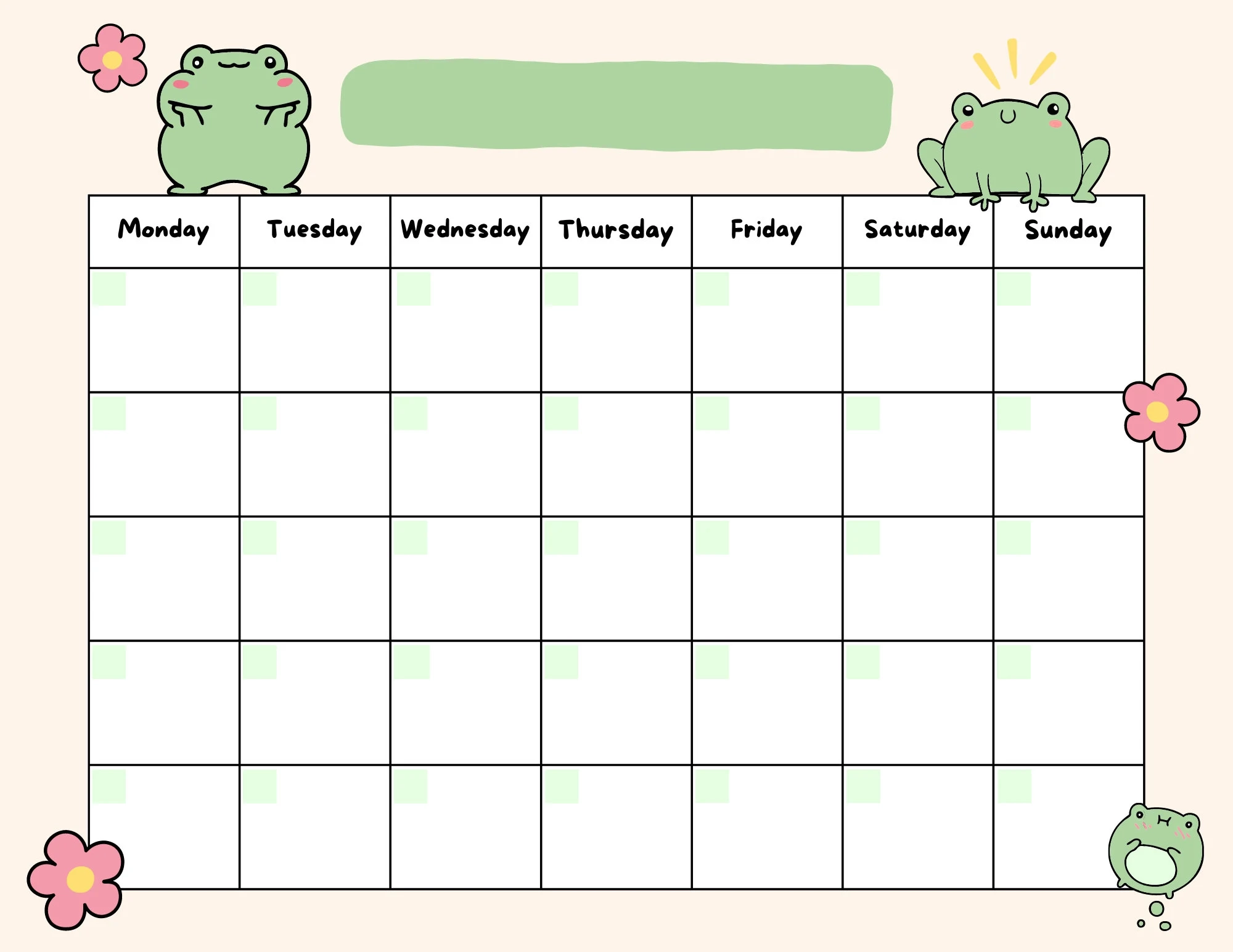 Cute Frog Open Printable Calendar Digital Download Calendar 