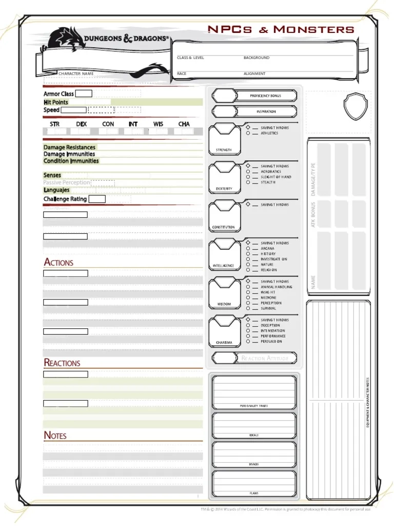 D amp D Next Monster amp NPC Sheet Fan Made PDF
