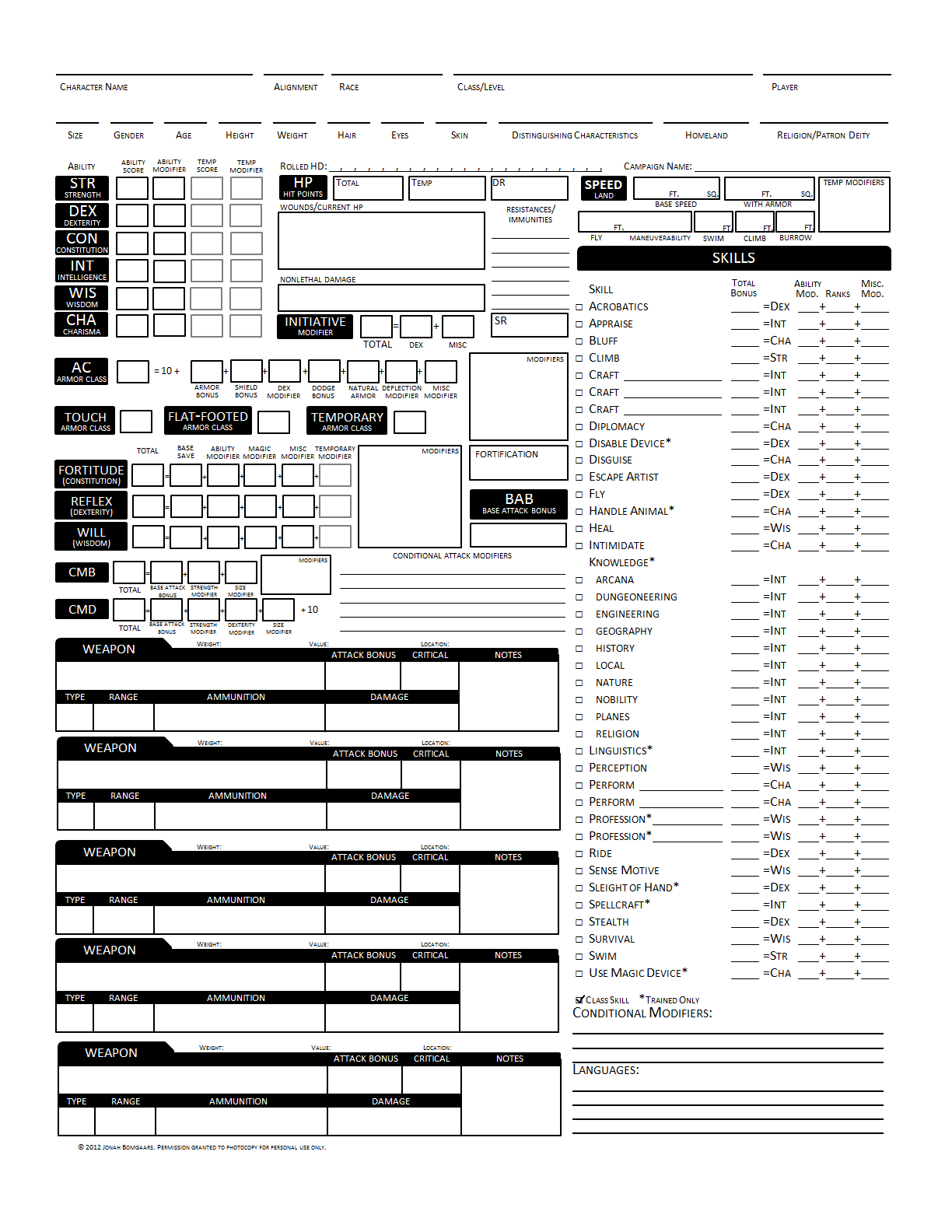 Pathfinder Printable Character Sheet Blank