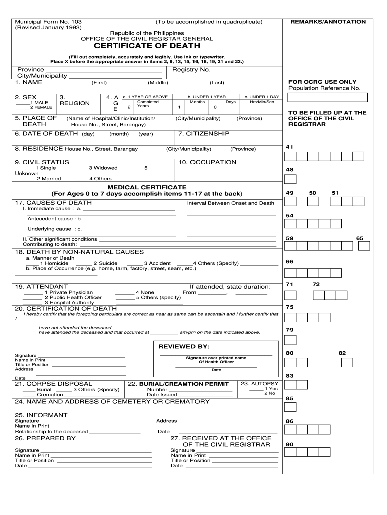 Blank Death Certificate Form Printable