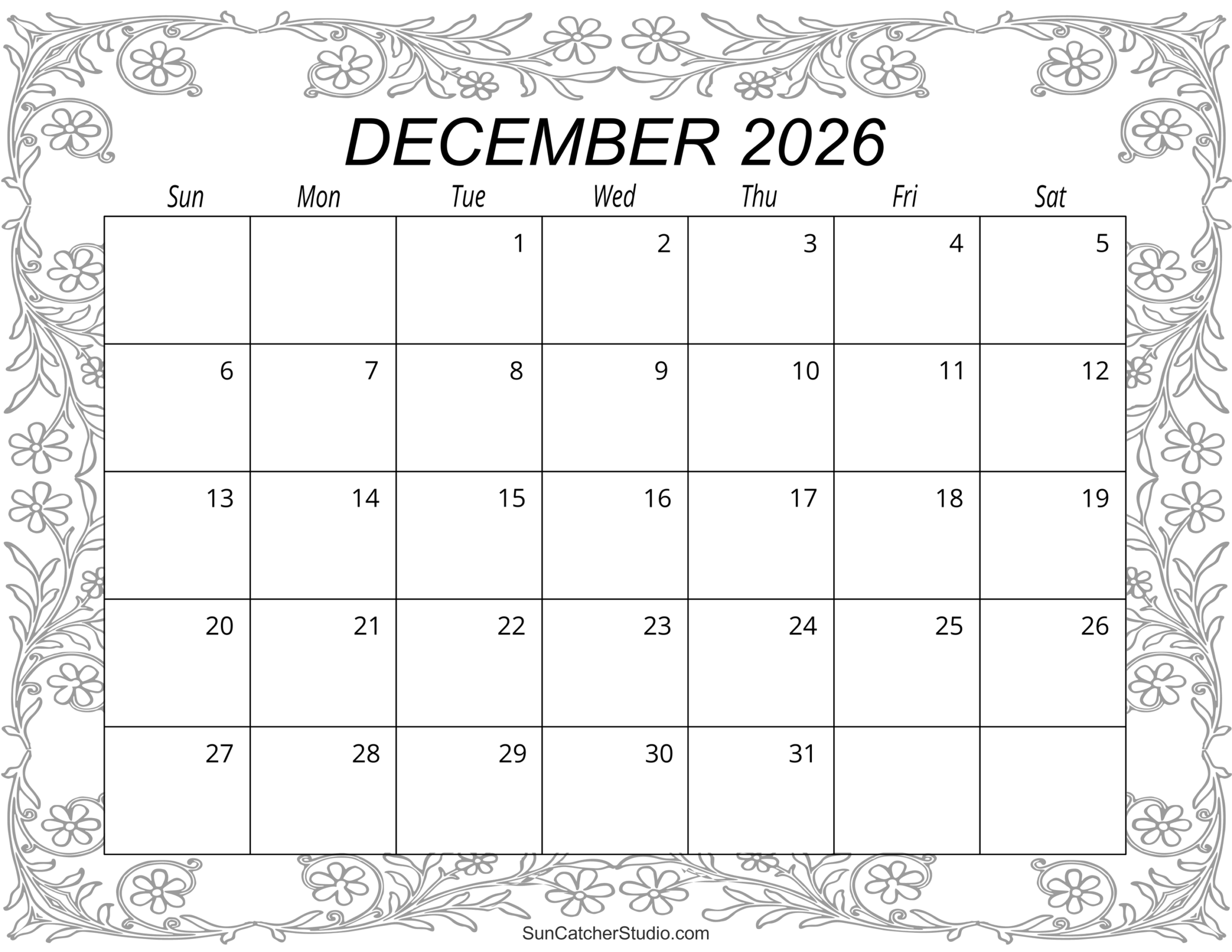 Blank December 2026 Printable Calendar