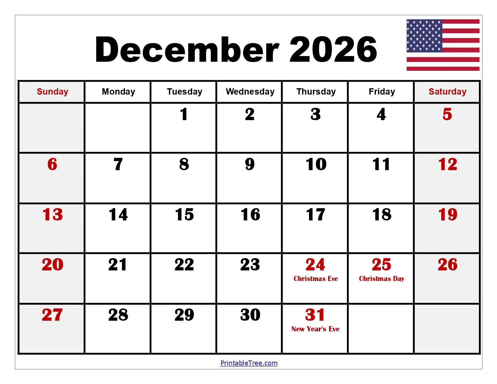 December 2026 Blank Calendar Printable