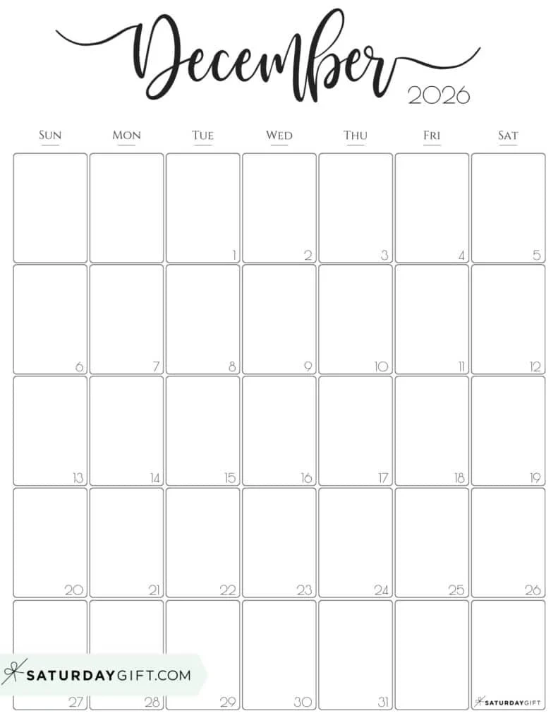 Blank Calendar 2026 December Printable