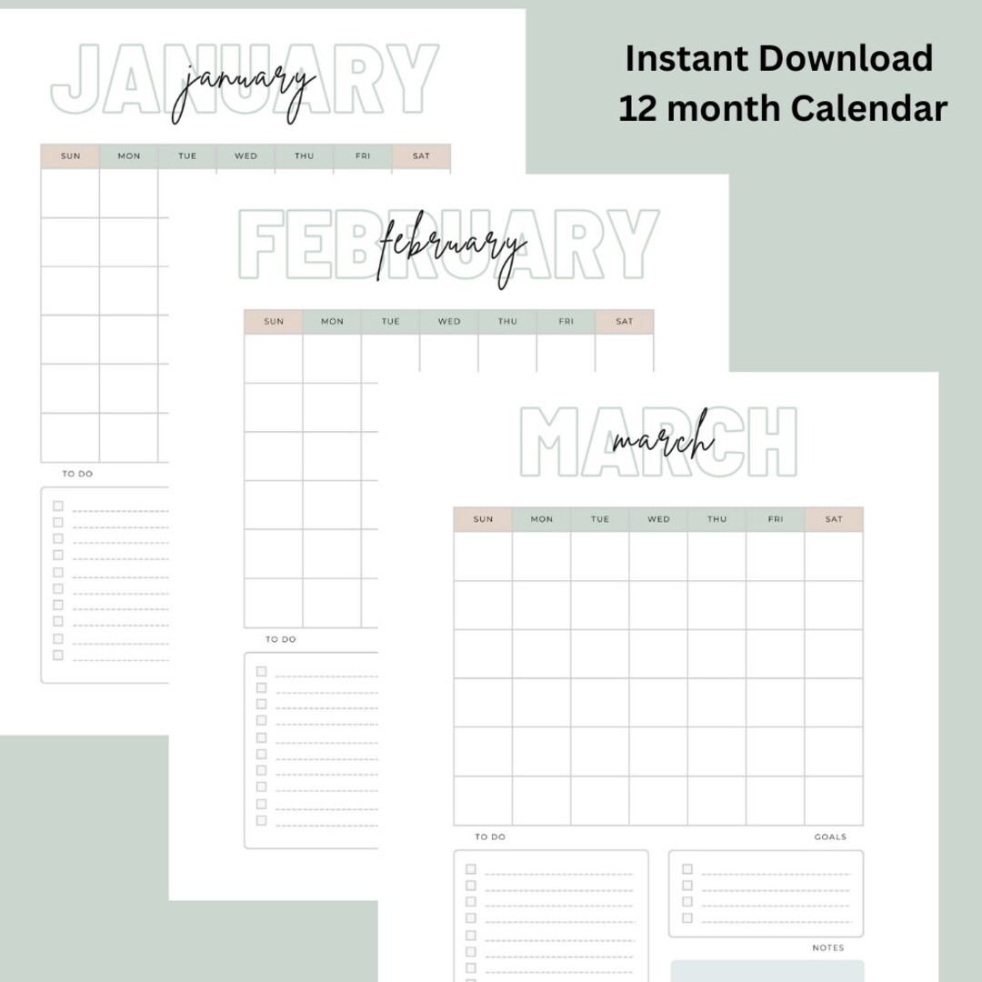 Digital Download 12 Month Calendar UNDATED Minimal Earth 