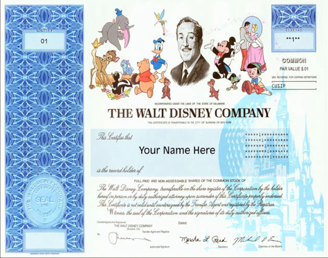 Disney Stock Certificate Custom Disneyland Disneyworld Faux Certificate Etsy