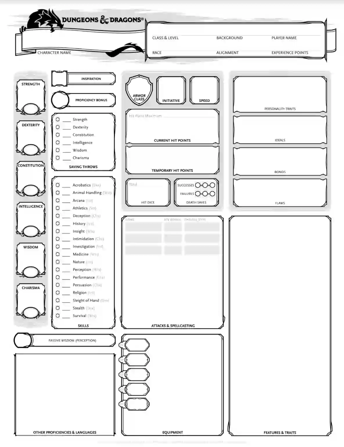 Blank Printable Fiction Character Sheet