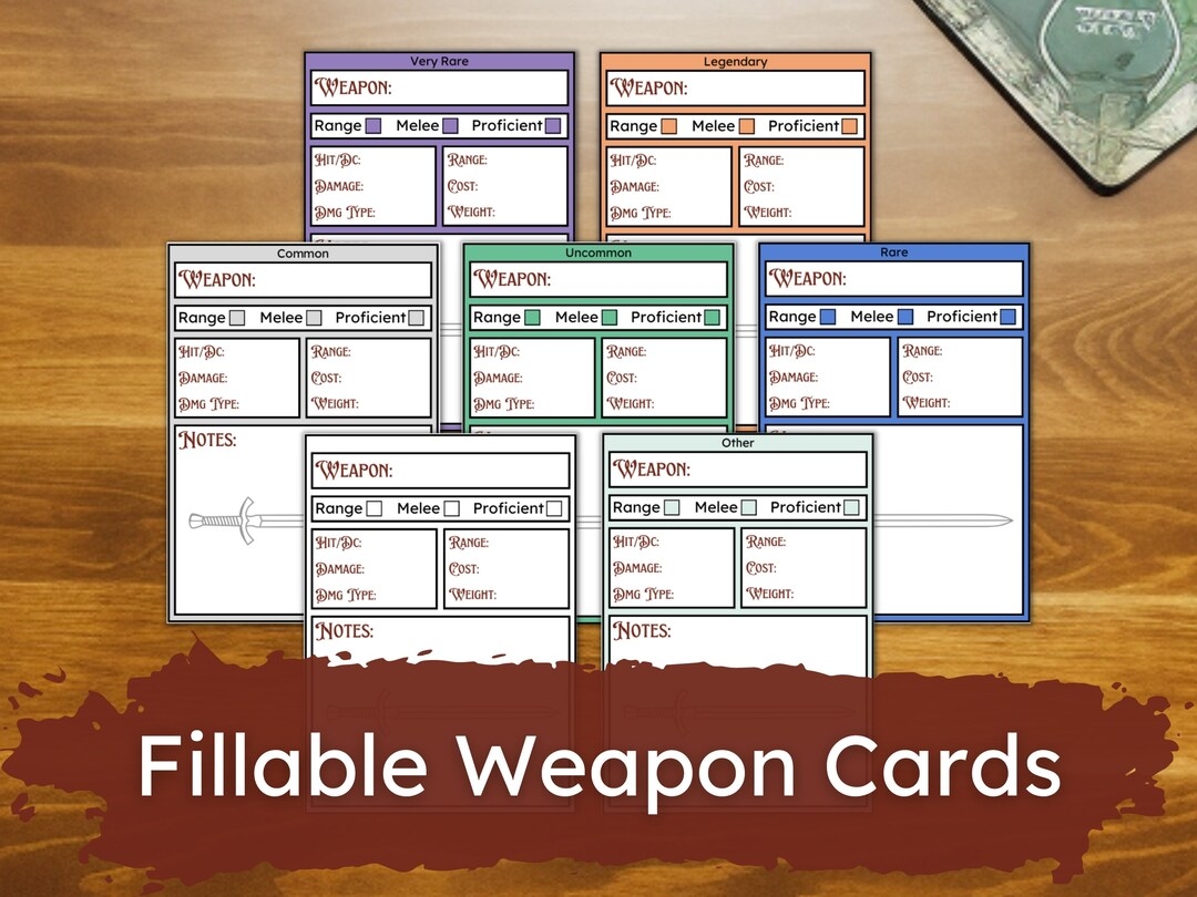 Dnd Weapon Cards Dungeons And Dragons Fillable Printable PDF Player Character Tool accessory Etsy