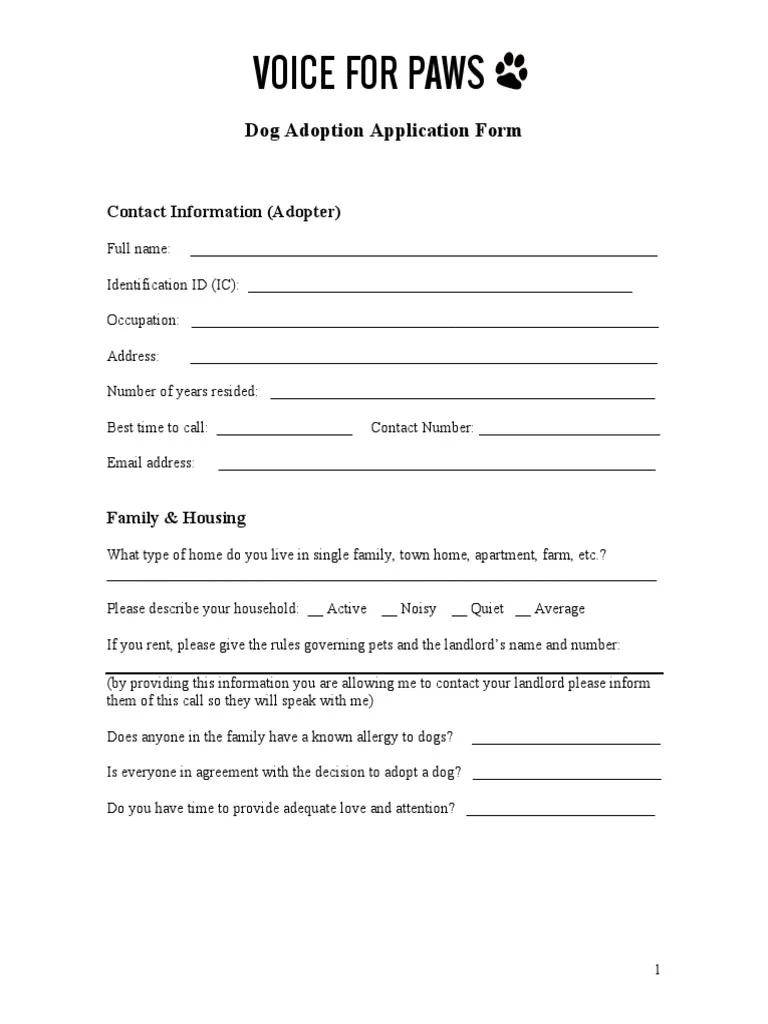 Dog Adoption Application Form FINAL 2 PDF Dogs Pet