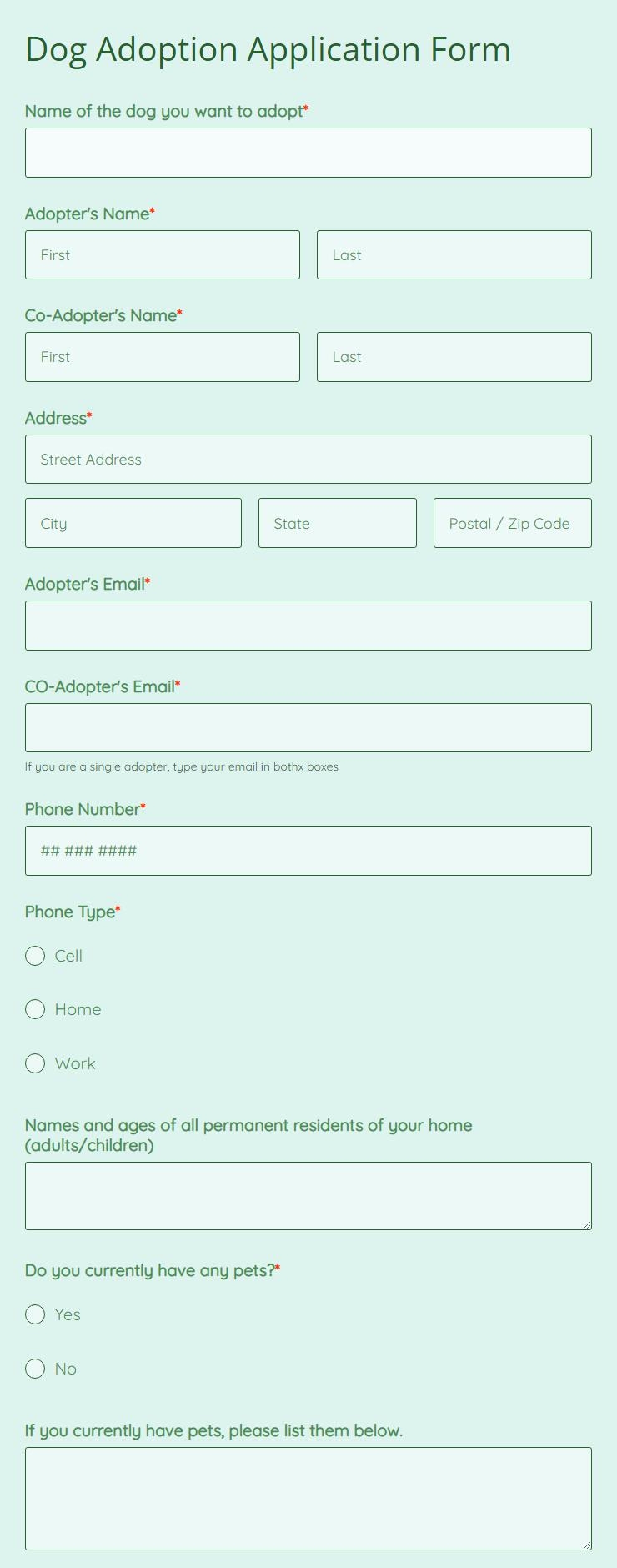 Printable Blank Pet Adoption Forms