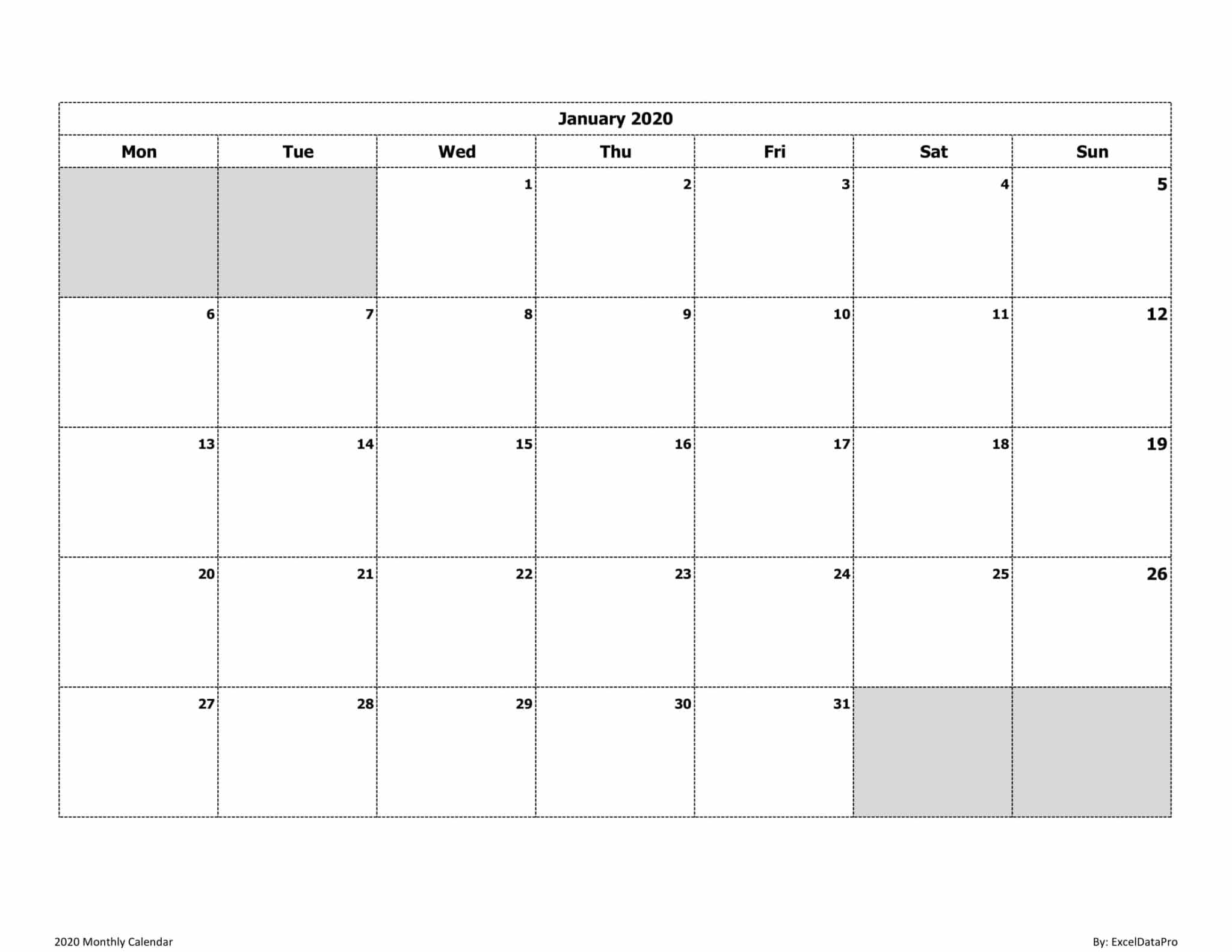 Download 2020 Monthly Calendar Mon Start Ink Saver Excel 