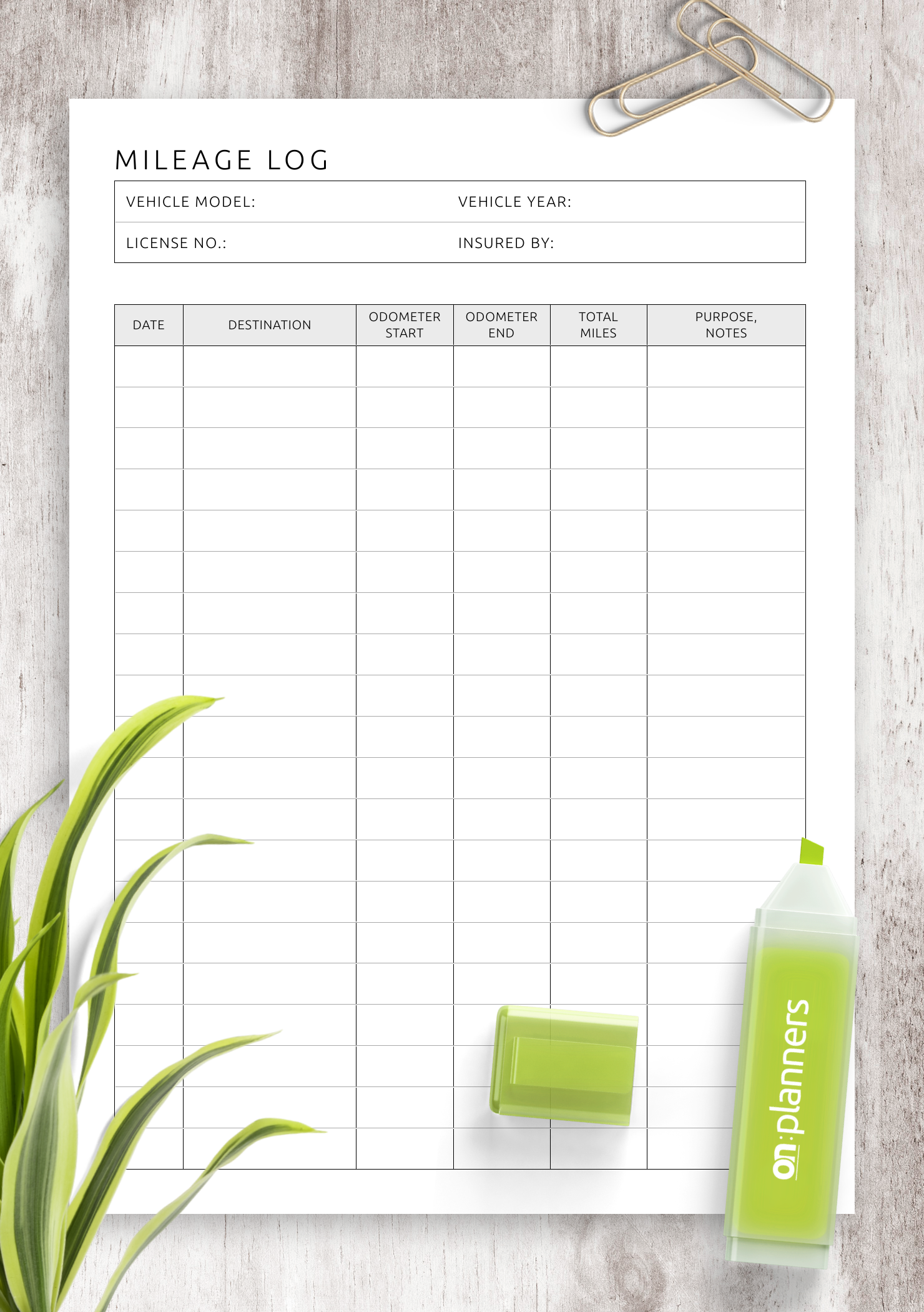 Download Printable Mileage Log Template PDF