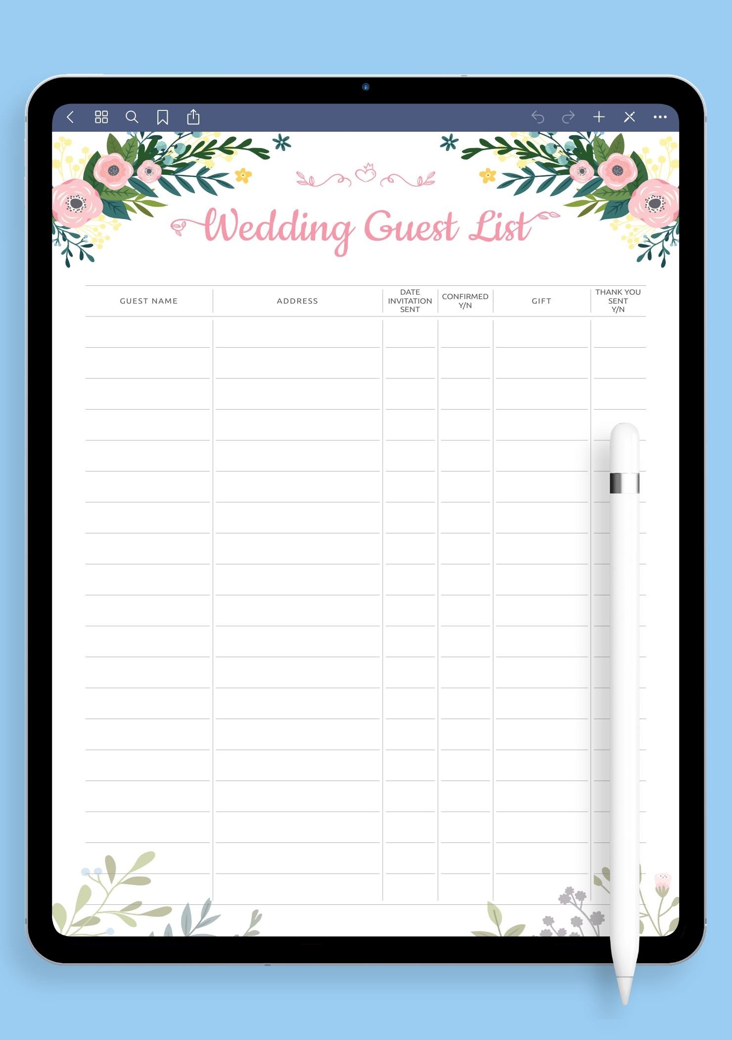 Blank Printable Wedding Guest List
