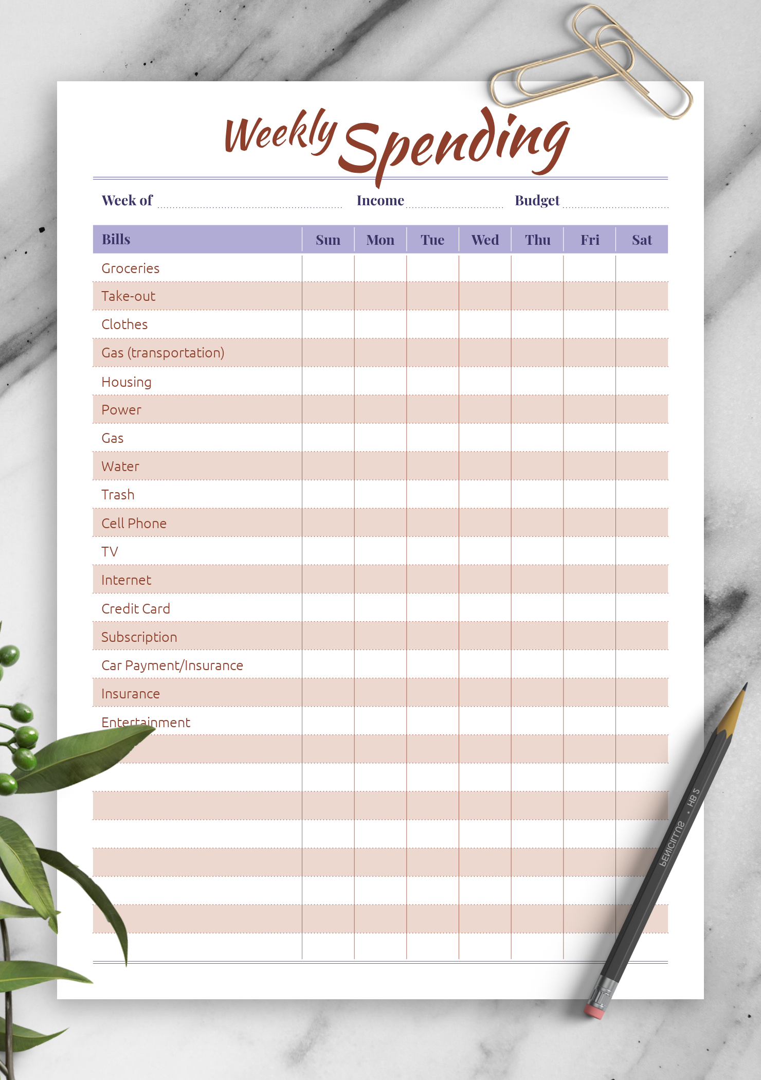 Blank Weekly Budget Worksheet Printable