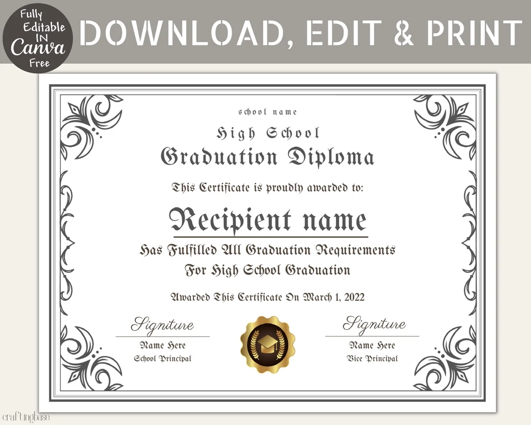 Editable High School Diploma Template Diploma Certificate Canva 