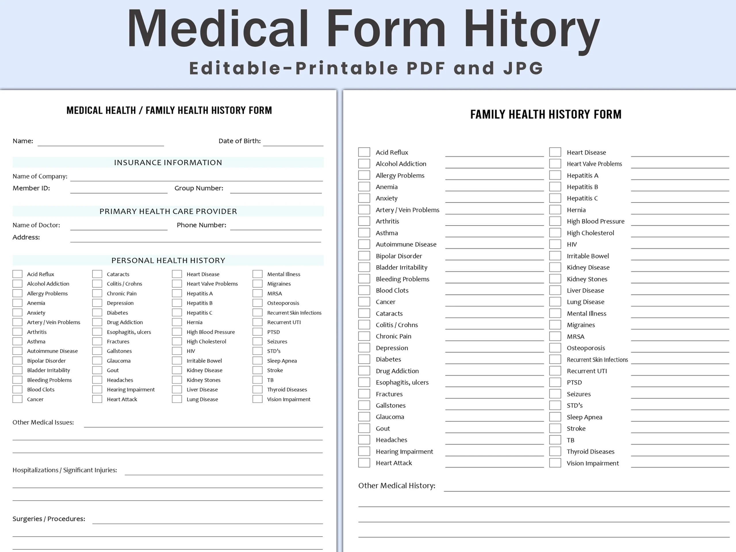 Printable Blank Family Medical History