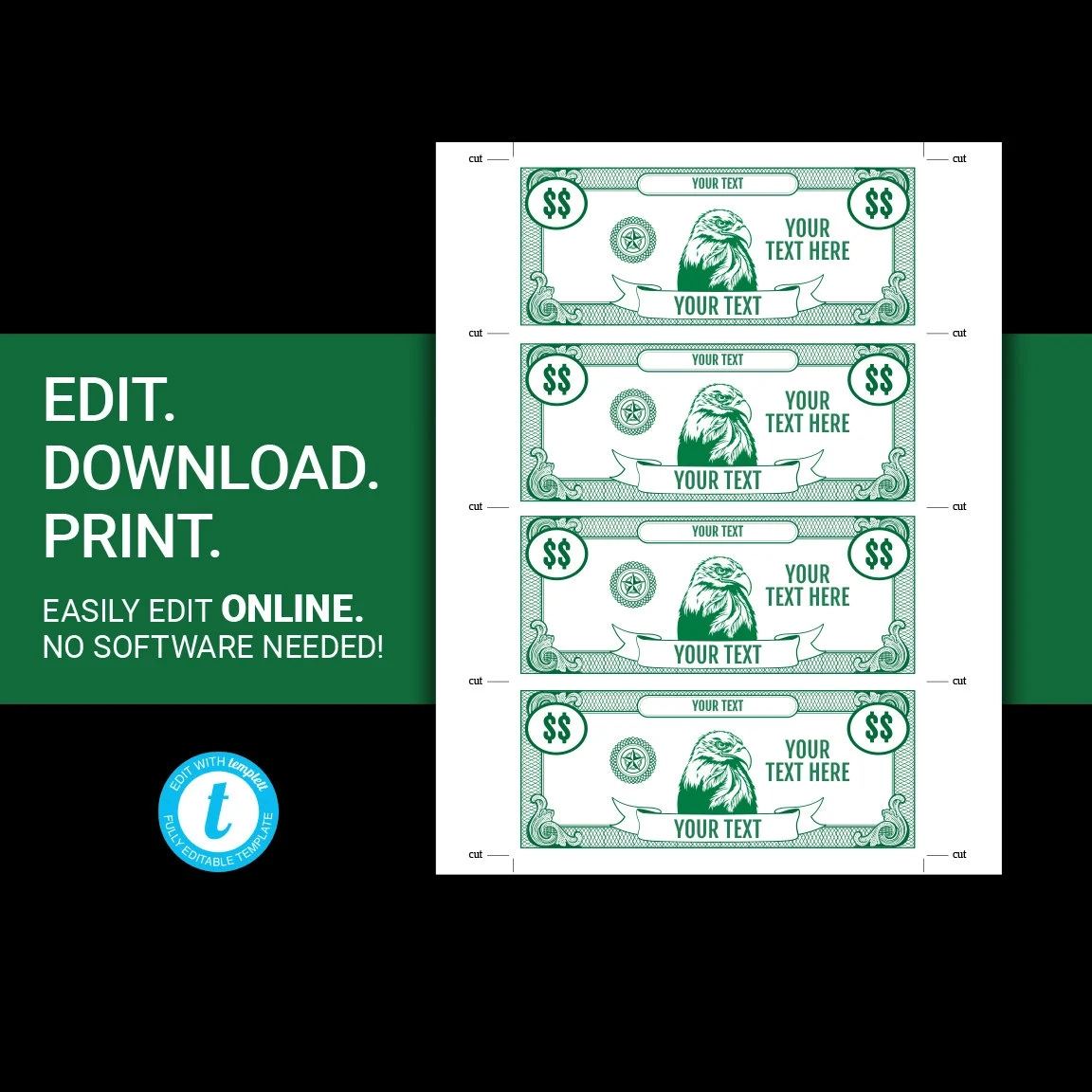 EDITABLE Play Money Printable Play Money Template Templett DIY 