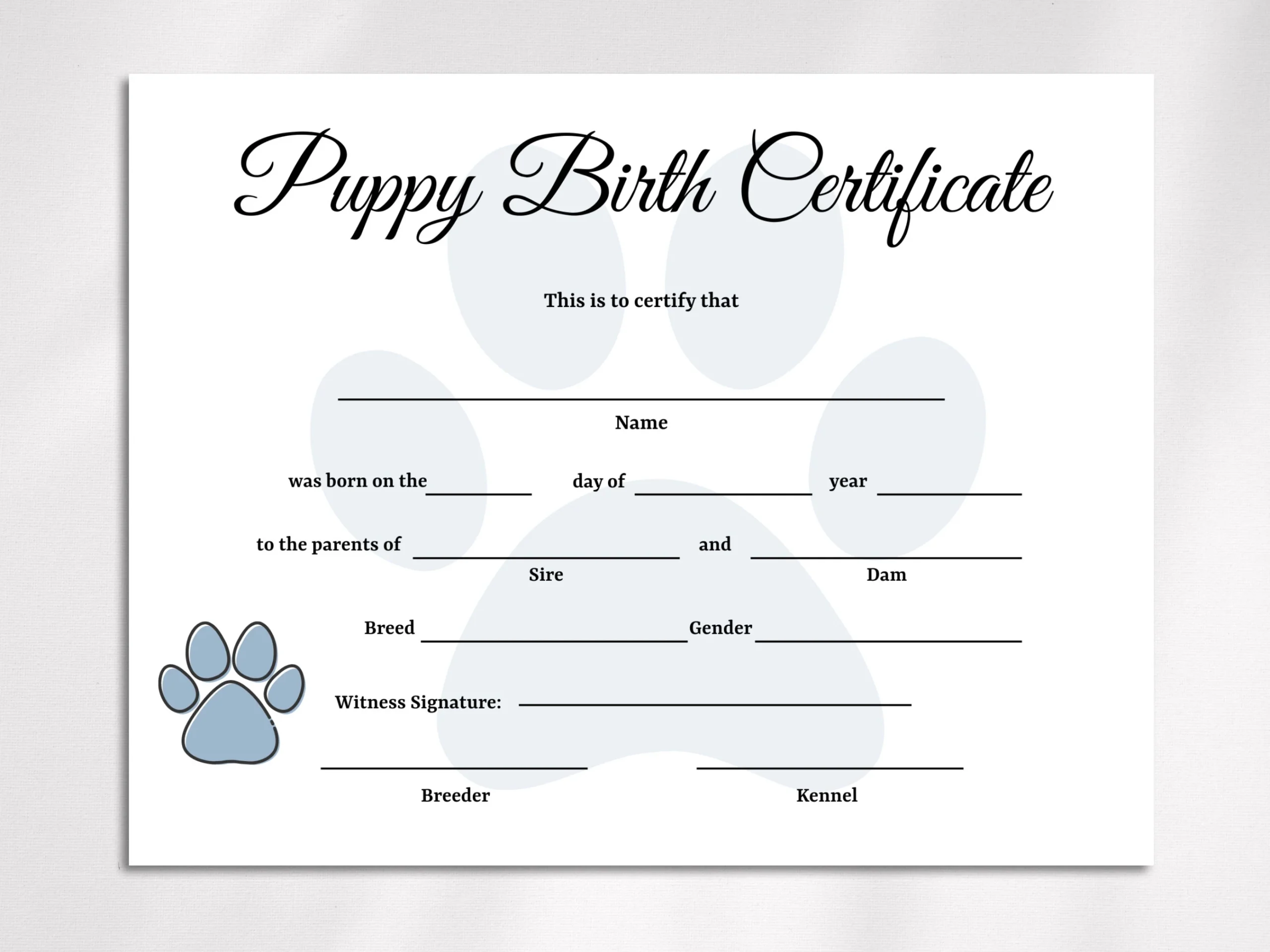 Editable Puppy Birth Certificate Template Dog Adoption Keepsake PDF 